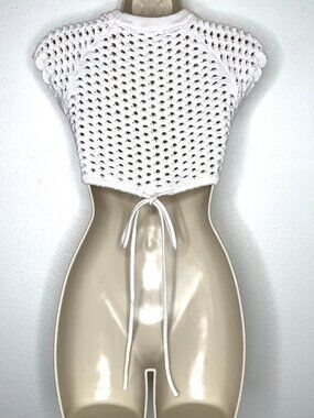 ZARA Open Weave Knit CROP Drawstring TOP S Cotton COTTAGECORE Hippie Y2K Crochet